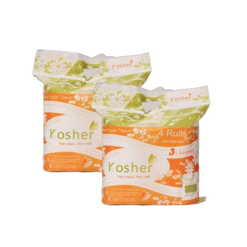Kosher 3 Ply Toilet Paper/Tissue Roll ,4 in 1 Pack , Combo of 2 , 200 GM Each (400 Pulls each)