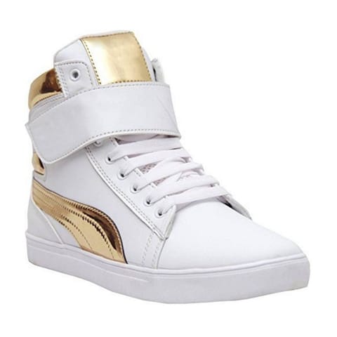 Men's White,Gold Color Synthetic Material  Casual Sneakers