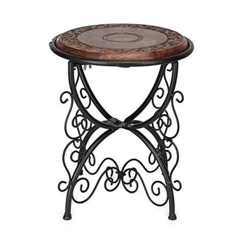 Shilpi Beautiful Design Wooden and Wrought Iron Foldable Side Table/Wooden Round Shape Side Stool