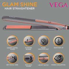 VEGA Glam Shine Hair Straightener with Adjustable temperature & Wide Ceramic Coated Floating Plates  (VHSH-24), Grey