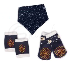 Anti Skid Infant Cotton Socks + Knee Pad + Bandana Drooling Bib (Navy & White) (0-2 Years)