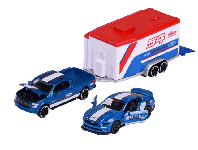 Majorette Race Trailer Ford F-150 Raptor and Mustang GT