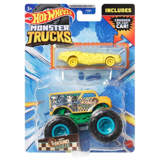 Hot Wheels Monster Trucks Hound Hauler with Crushed Die Cast Car