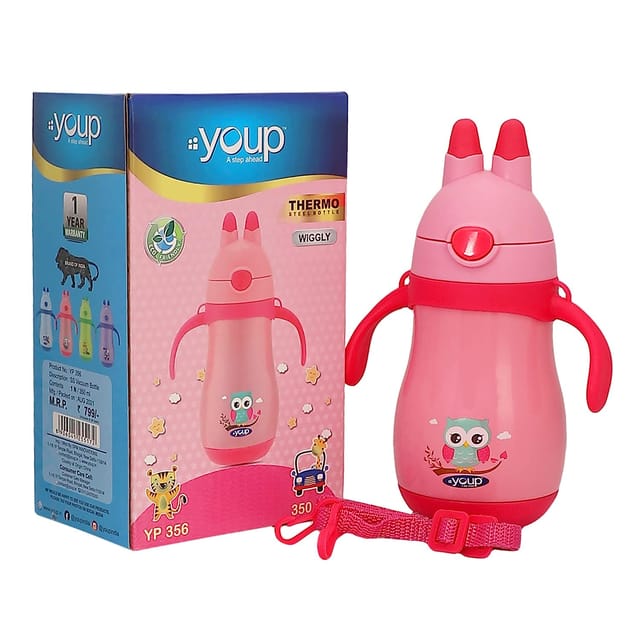 Youp Wiggly Thermo Steel Bottle 350ml - Owl Print - Pink