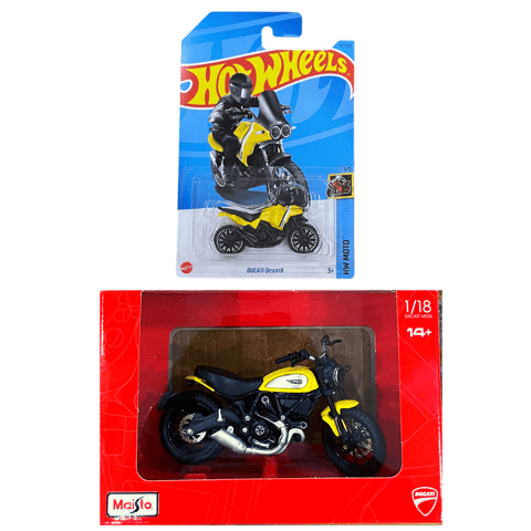 Maisto Diecast 1/18 Scrambler Ducati ICON And Hot Wheels Ducati Desert X Yellow