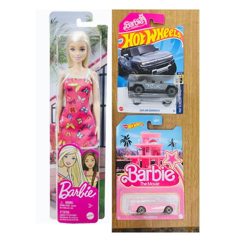 Hot Wheels Barbie The Movie GMC Hummer EV, 1956 Corvette And Barbie Doll With Pink Print Dress & Strappy Heels
