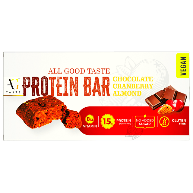 AG Taste 15G Protein Bar-Vegan & Glutenfree, Sugarfree Chocolate Cranberry Almond -270 g (6x45g), Pack of 6 bars