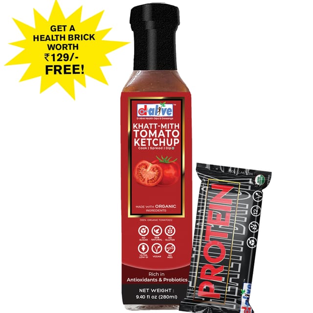 D-Alive Khatt-Mith Tomato Ketchup (Dipping & Cooking Sauce) - 280g (Sugar-free, Organic, Gluten-free, Low Carb, Ultra Low GI, Diabetes & Keto Friendly) - Made in Small batches, Packed in Glass Bottles