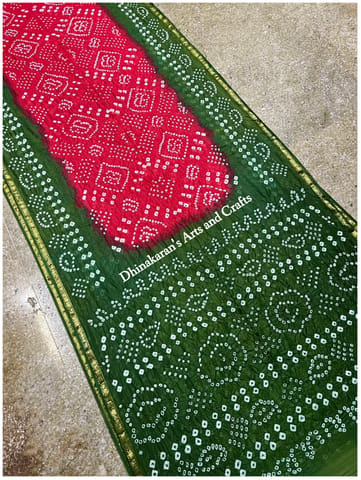 Art Silk Bandhani Saree - Red and Mehndi Green