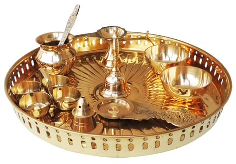 Brass Puja Thali Set With Multiple Items - 11*11*1.4 inch (Z476 D)