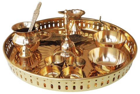 Brass Puja Thali Set With Multiple Items - 9.8*9.8*1.4 inch (Z476 C)