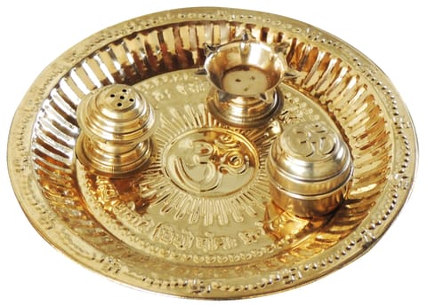 NK GLOBAL Pooja Thali Brass Puja Plate Hindu Om Aarti Tika Thali Ladoo Gopal Bhog Thali Temple Home Temple Adornos Decorativos Diwali Gifts Set de 5 Piezas 