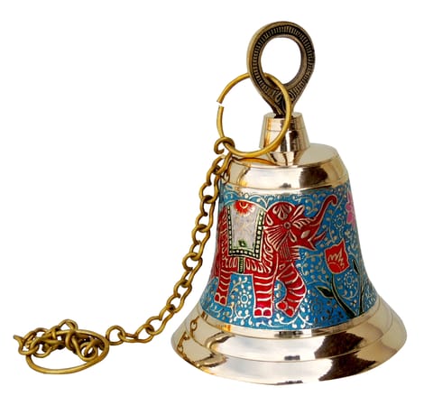 Brass Hanging Temple Pooja Bell, Bell Blue Color - 5.5*5.5*7 inch (F513 B)
