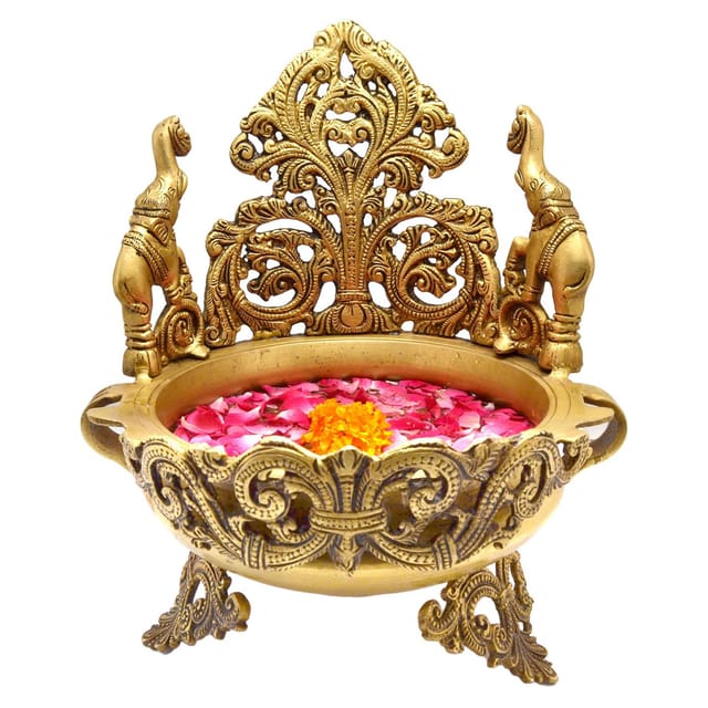 Peacock and Elephant Design Traditional Brass Urli for Floral and Candle Decoration - 8*8*11 inch (BS1146 A)