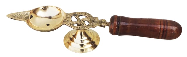 Brass Table Decor Oil Lamp Deepak With Wooden Handle  (MOQ- 12 Pcs.) - 6.3*1.4*1 inch (F363 A)