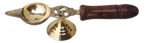 Brass Table Decor Oil Lamp Deepak With Wooden Handle  (MOQ- 6 Pcs.) - 7*1.5*1.4 inch (F363 C)