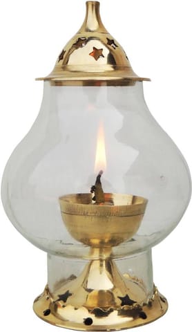 Brass Table Decor Oil Lamp Deepak With Chimney - 3.2*3.2*5.2 inch (F366 B)