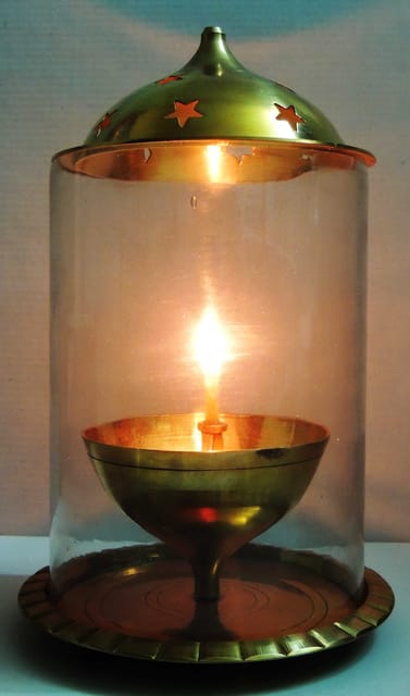 Brass Table Decor Oil Lamp Deepak With Chimney - 6.3*6.3*9.5 inch (Z014/10)