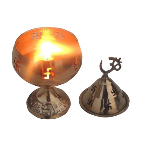 Brass Table Decor Oil Lamp Om Pakija Deepak  (MOQ-  4 Pcs.) - 3.2*3.2*5.3 inch (Z164 H)