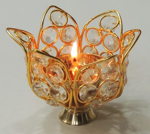 Brass Table Decor Oil Lamp Deepak With Crystal - 4*4*3.2 inch (Z191 A)