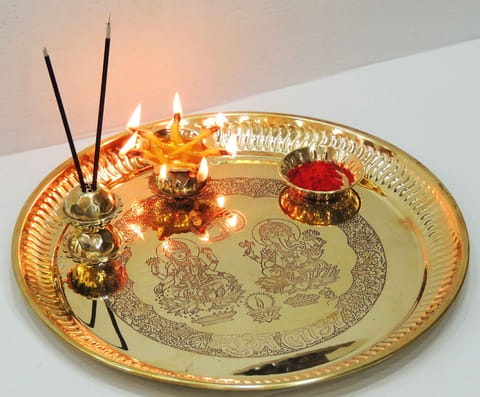 Brass Decorative Pooja Thali Set - 11.7*11.7*1.8 Inch (Z206 D)