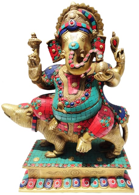 Brass Showpiece Ganesh ji Sitting On Rat Statue - 11*6.4*18 Inch (BS149)