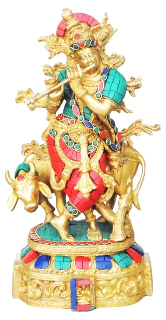 Brass Cow Krishna Stone idol-5.5*6*12.5 (BS431)