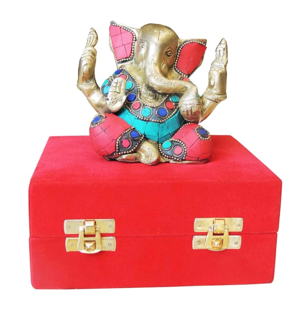 Brass Showpiece Ganesh Ji Stone Statue With Valvet Box - 4.5*2.5*4.5 Inch (BS887 A)