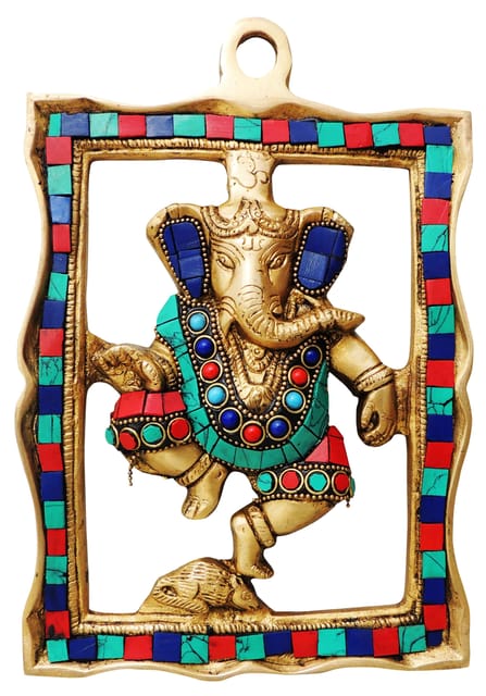 Brass Wall Hanging Showpiece Ganesh Statue With Coral Stone Finish - 6*0.5*9 Inch (BS838 A)