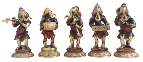 Brass Showpiece Musical Ganehs Set Of 5 Pcs Statue - 3.5*2.5*7.5 Inch (BS1326 G)