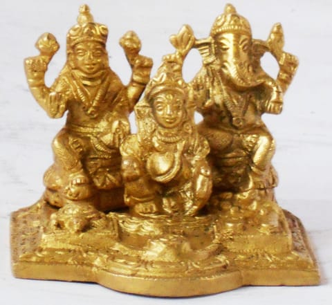 Brass Showpiece Gaensh Laxmi & Kuber Ji Maharaj God Idol Statue - 3.5*3.5*2.8 inch (BS1115 C)