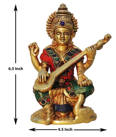 Brass Showpiece Saraswati ji idol statue with Stone finish - 4.5*2.6*6.5 Inch (BS1006 S)