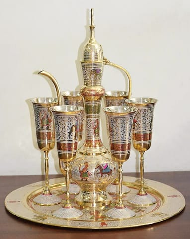 Brass Showpiece Surahi Set With 6 Wine Glasses (F715 G)