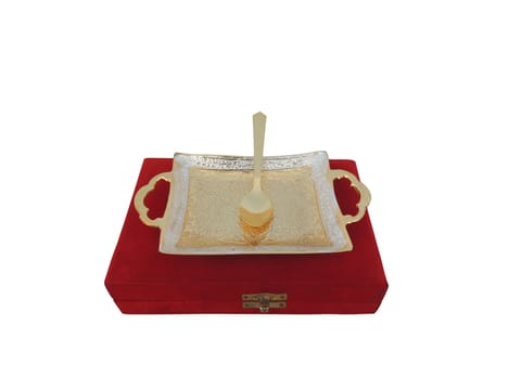 Brass Tray With Spoon Packed In Velvet Box (B022)