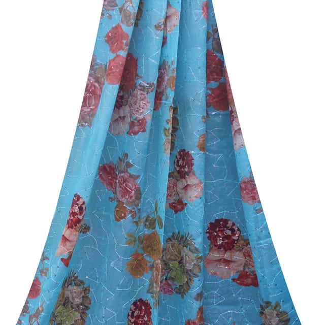 Sky Blue floral printed Chinon Chiffon fabric with sequins embroidery -  KCC190977
