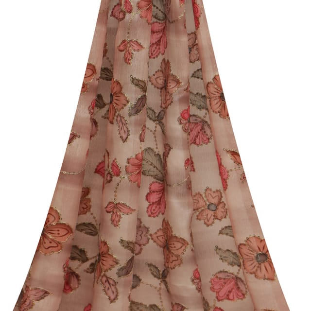 Blush Pink printed Chinon fabric with embroidery