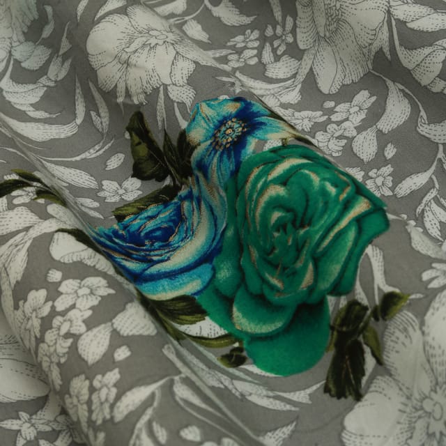 Grey Rayon Floral Foil Print Fabric