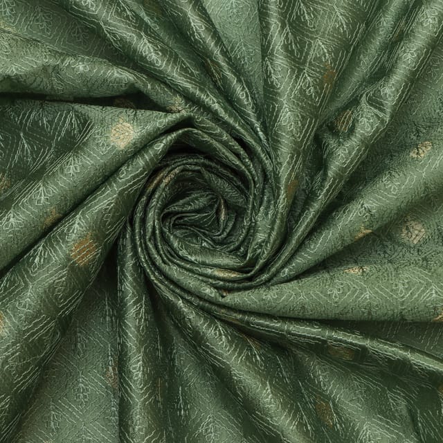 Beautiful Silver Zari Embroidery on Bottle Green Katan Dupion Fabric