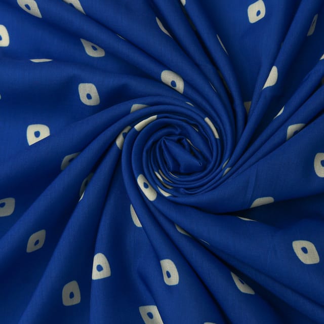 Azure Blue and White Print Cotton Silk Fabric
