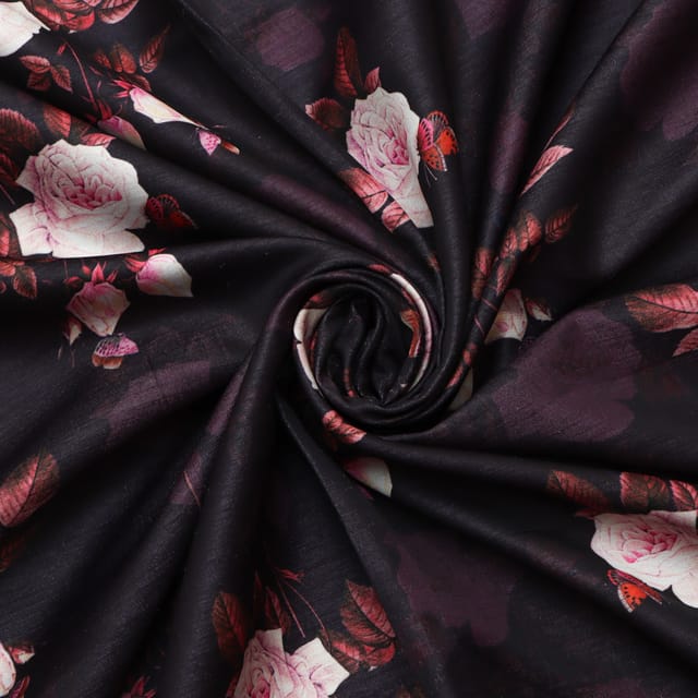 Jet Black and Pink Floral Print Taffeta Satin Fabric