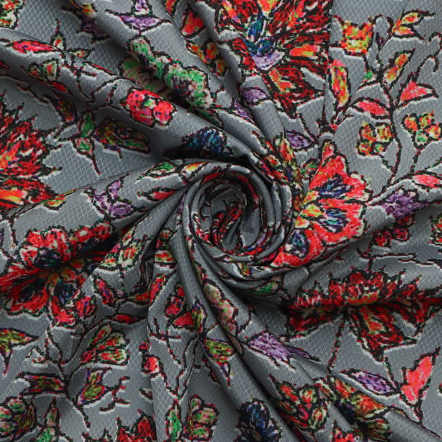 Ash Grey and Maroon Floral Print Satin Dobby Fabric