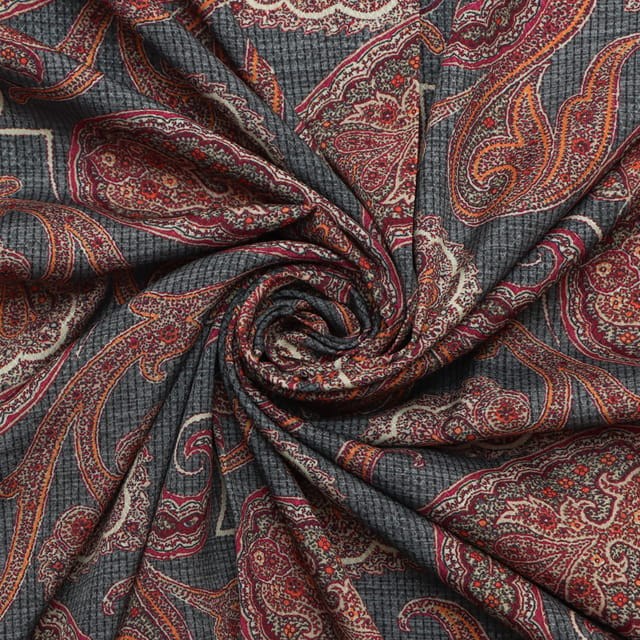 Shadow Grey and Maroon Ethnic Print Satin Dobby Fabric