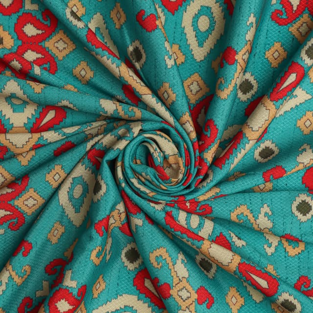 Teal Blue and Red Ethnic Print Satin Dobby Fabric