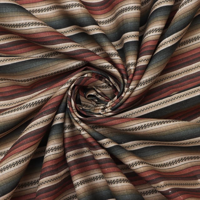 Multicolour Stripe Pattern Print On Brown Base Linen Fabric