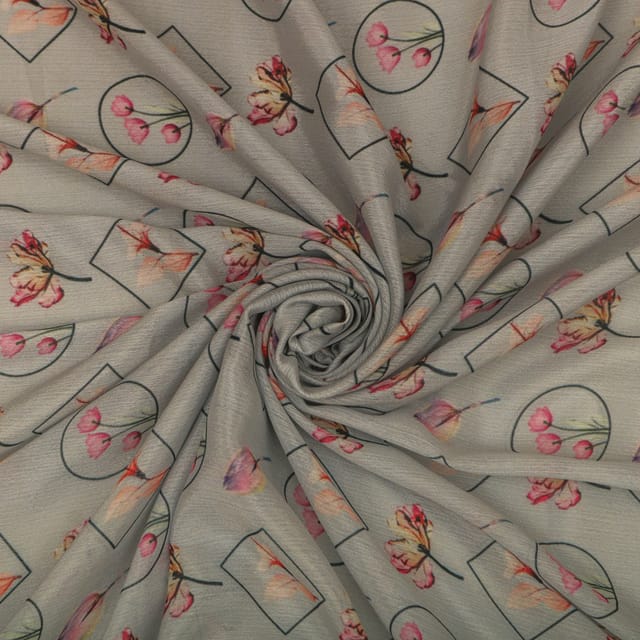 Pewter Grey Chinon Chiffon Digital Floral Print Fabric