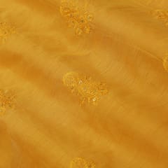 Gold Yellow Chanderi Silk Floral Thread sequins Embroidery Fabric