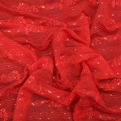 Crimson Red Chanderi Sequins Embroidery Fabric