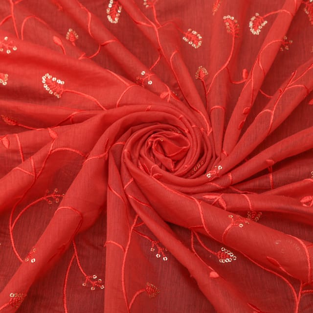 Candy Red Chanderi Silk Sequins Embroidery Fabric