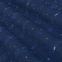 navy Blue Chanderi Floral Pattern Threadwork Sequins Embroidery Fabric