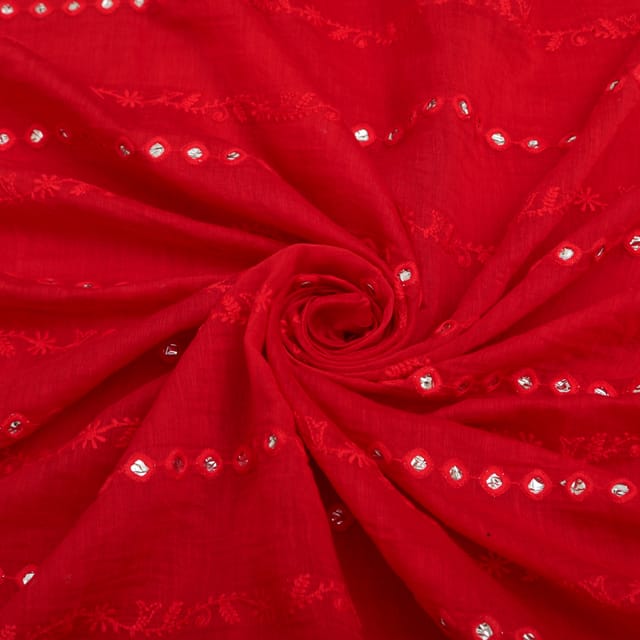 Merlot Red Cotton Chanderi Mirror Embroidery Fabric